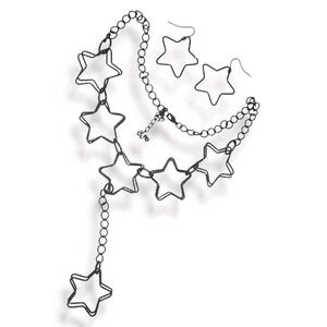 Vintage 90s Y2k Black Wire Star Y-drop Necklace & Dangle Earring Set